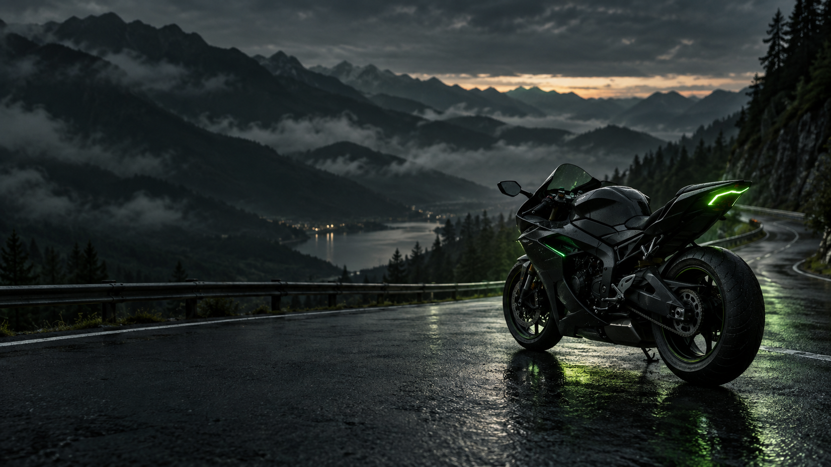 A sport motorcycle overlooking a mountain road at dusk